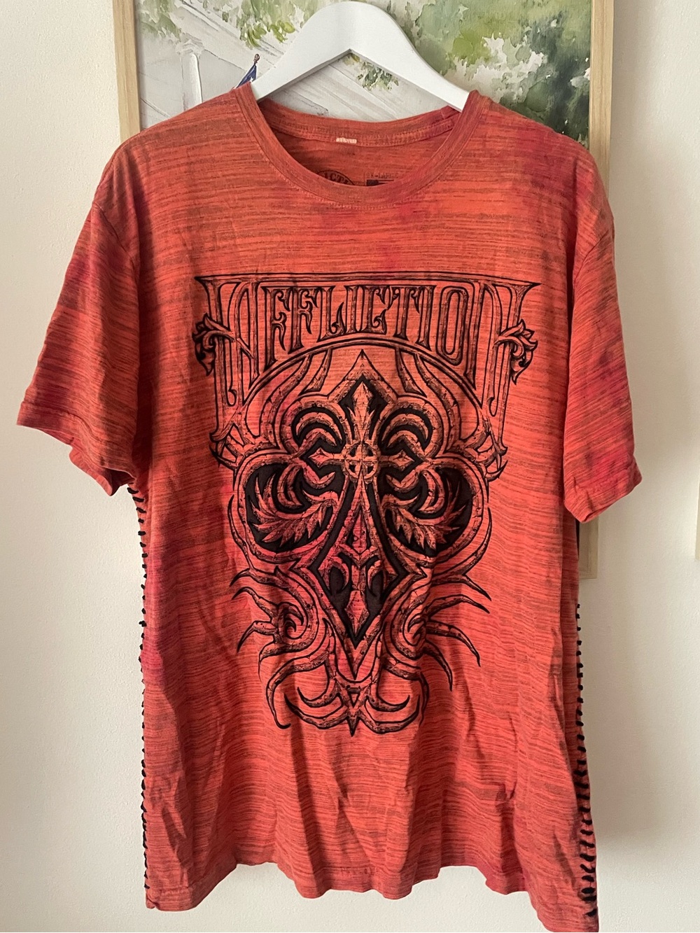 Affliction Orange Red Space Dye Gothic Cross Graphic T-Shirt Men's Size 2X-Large
